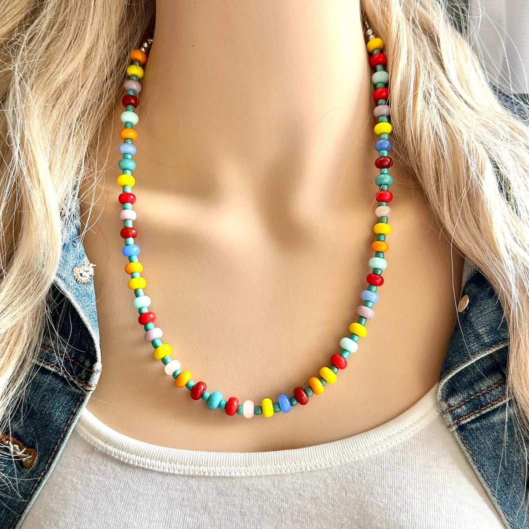 Rainbow Resin Block Layering Rainbow Beaded 1 Strand Necklace, Colorful Jewelry, Chunky statement jelly bean confetti silver bubble