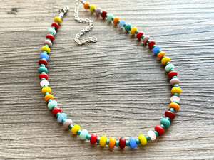 Rainbow Resin Block Layering Rainbow Beaded 1 Strand Necklace, Colorful Jewelry, Chunky statement jelly bean confetti silver bubble