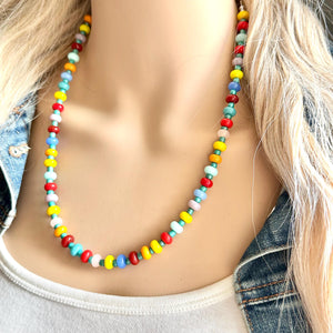 Rainbow Resin Block Layering Rainbow Beaded 1 Strand Necklace, Colorful Jewelry, Chunky statement jelly bean confetti silver bubble