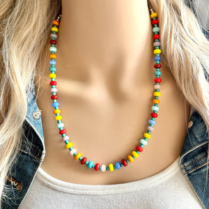 Rainbow Resin Block Layering Rainbow Beaded 1 Strand Necklace, Colorful Jewelry, Chunky statement jelly bean confetti silver bubble