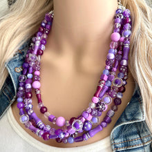 Load image into Gallery viewer, Purple Ombré statement necklace, chunky bib necklace, beaded jewelry lavender necklace, 5 strand gray white black jewelry eggplant lavender