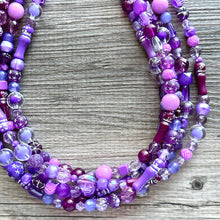 Load image into Gallery viewer, Purple Ombré statement necklace, chunky bib necklace, beaded jewelry lavender necklace, 5 strand gray white black jewelry eggplant lavender