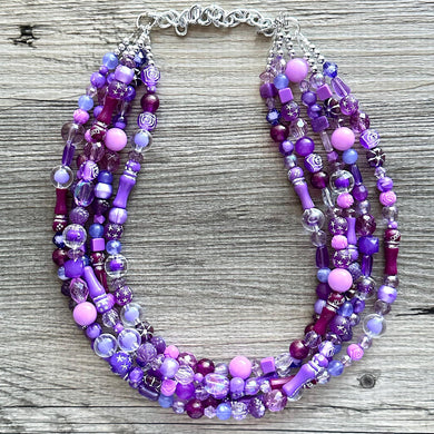 Purple Ombré statement necklace, chunky bib necklace, beaded jewelry lavender necklace, 5 strand gray white black jewelry eggplant lavender