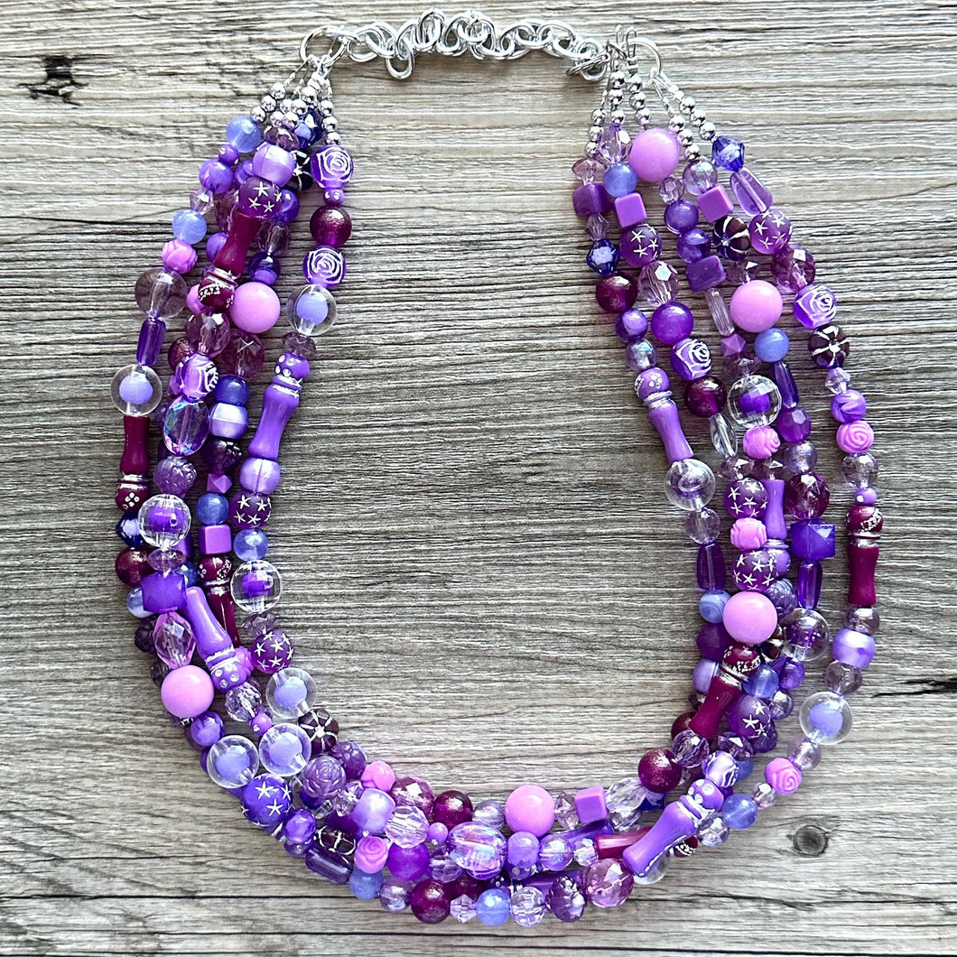 Purple Ombré statement necklace, chunky bib necklace, beaded jewelry lavender necklace, 5 strand gray white black jewelry eggplant lavender