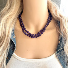 Load image into Gallery viewer, Eggplant Jelly Glass Bead Chunky Statement Necklace, long glass jewelry beaded necklace, layering necklace purple shiny metallic long