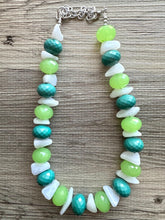 Load image into Gallery viewer, Monstera Leaf Single Strand Beaded Statement Necklace, beaded bridesmaid jewelry set layering white emerald green light lime chunky