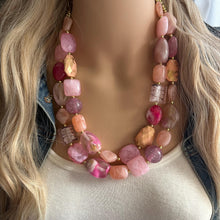 Load image into Gallery viewer, Lover’s Kiss Necklace Statement, chunky bib beaded jewelry, coral vacation gold Valentine blush hot pink, thick collar bib resin geometric