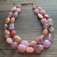 Load image into Gallery viewer, Lover’s Kiss Necklace Statement, chunky bib beaded jewelry, coral vacation gold Valentine blush hot pink, thick collar bib resin geometric