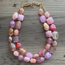 Load image into Gallery viewer, Lover’s Kiss Necklace Statement, chunky bib beaded jewelry, coral vacation gold Valentine blush hot pink, thick collar bib resin geometric