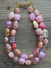 Load image into Gallery viewer, Lover’s Kiss Necklace Statement, chunky bib beaded jewelry, coral vacation gold Valentine blush hot pink, thick collar bib resin geometric