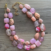 Load image into Gallery viewer, Lover’s Kiss Necklace Statement, chunky bib beaded jewelry, coral vacation gold Valentine blush hot pink, thick collar bib resin geometric