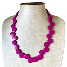 Load image into Gallery viewer, Pink Painted Wood Chunky Statement Necklace, layering jewelry beaded hot pink 1 strand purple, magenta geometric ball beaded bubblegum