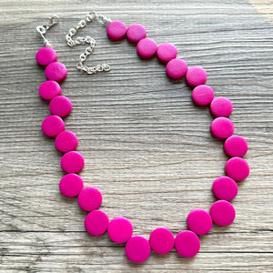 Pink Painted Wood Chunky Statement Necklace, layering jewelry beaded hot pink 1 strand purple, magenta geometric ball beaded bubblegum