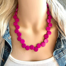 Load image into Gallery viewer, Pink Painted Wood Chunky Statement Necklace, layering jewelry beaded hot pink 1 strand purple, magenta geometric ball beaded bubblegum