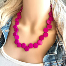 Load image into Gallery viewer, Pink Painted Wood Chunky Statement Necklace, layering jewelry beaded hot pink 1 strand purple, magenta geometric ball beaded bubblegum