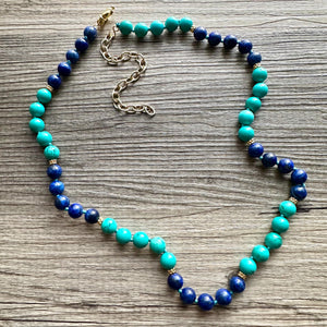 Natural Blue & Turquoise Gemstone Beaded Necklace, 20” Long Necklace stone color lock jewelry, gifts for her gold