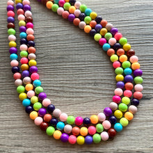 Load image into Gallery viewer, Rainbow Beaded 3 Strand Necklace, Colorful Jewelry, Chunky statement necklace, jelly resin necklace, rainbow jewelry color confetti neon