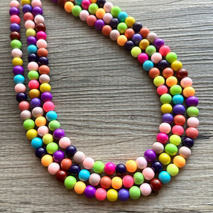 Rainbow Beaded 3 Strand Necklace, Colorful Jewelry, Chunky statement necklace, jelly resin necklace, rainbow jewelry color confetti neon