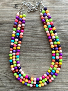 Rainbow Beaded 3 Strand Necklace, Colorful Jewelry, Chunky statement necklace, jelly resin necklace, rainbow jewelry color confetti neon