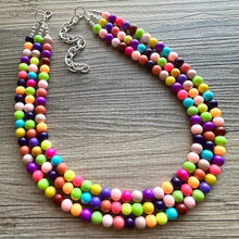 Load image into Gallery viewer, Rainbow Beaded 3 Strand Necklace, Colorful Jewelry, Chunky statement necklace, jelly resin necklace, rainbow jewelry color confetti neon