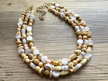 Load image into Gallery viewer, Peach Cupcakes chunky necklace, white gold beaded jewelry, resin beaded Ombré necklace, white 3 strand statement bib painted bead