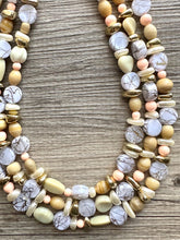 Load image into Gallery viewer, Peach Cupcakes chunky necklace, white gold beaded jewelry, resin beaded Ombré necklace, white 3 strand statement bib painted bead