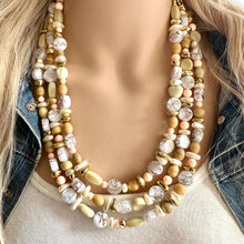 Load image into Gallery viewer, Peach Cupcakes chunky necklace, white gold beaded jewelry, resin beaded Ombré necklace, white 3 strand statement bib painted bead