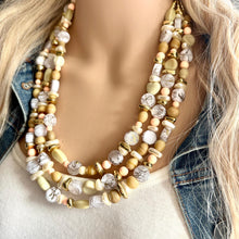 Load image into Gallery viewer, Peach Cupcakes chunky necklace, white gold beaded jewelry, resin beaded Ombré necklace, white 3 strand statement bib painted bead