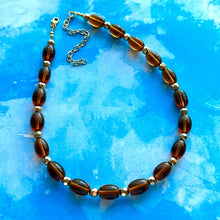 Load image into Gallery viewer, Brown Translucent Glass Statement Necklace, Chunky Beaded Necklace, brown beaded necklace, 1 single strand, dark deep OOAK gold layering