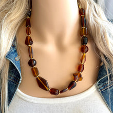 Load image into Gallery viewer, Caramel &amp; Gold Glass Single Strand Beaded Statement Necklace, brown beaded necklace, bridesmaid jewelry layering geometric chunky