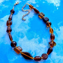 Load image into Gallery viewer, Caramel &amp; Gold Glass Single Strand Beaded Statement Necklace, brown beaded necklace, bridesmaid jewelry layering geometric chunky