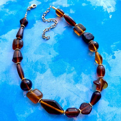 Caramel & Gold Glass Single Strand Beaded Statement Necklace, brown beaded necklace, bridesmaid jewelry layering geometric chunky