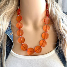 Load image into Gallery viewer, Orange Translucent Chunky Statement Necklace, Big beaded jewelry, single Strand thick jewelry, red-orange bridesmaid wedding resin beads