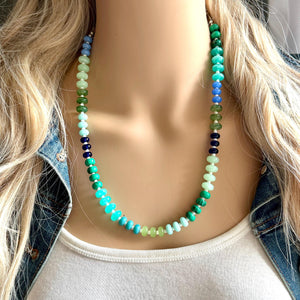 Rivers & Greens Statement Necklace, Single Strand Necklace, green blue necklace, vacation neutral Earthy layering jewelry