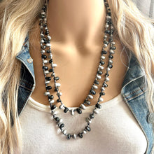 Load image into Gallery viewer, Vintage Long Earthy Geometric Necklace, single Strand Statement Jewelry, everyday black gunmetal gray layering necklace flutter