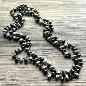 Vintage Long Earthy Geometric Necklace, single Strand Statement Jewelry, everyday black gunmetal gray layering necklace flutter