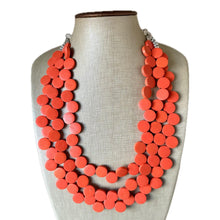 Load image into Gallery viewer, Crisp Harvest Statement Necklace, fall colors Hot Orange Necklace, 3 Strand Statement necklace, vintage wood chunky orange red neon