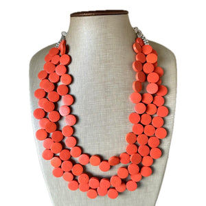 Crisp Harvest Statement Necklace, fall colors Hot Orange Necklace, 3 Strand Statement necklace, vintage wood chunky orange red neon