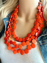 Load image into Gallery viewer, Crisp Harvest Statement Necklace, fall colors Hot Orange Necklace, 3 Strand Statement necklace, vintage wood chunky orange red neon