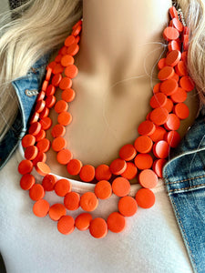 Crisp Harvest Statement Necklace, fall colors Hot Orange Necklace, 3 Strand Statement necklace, vintage wood chunky orange red neon