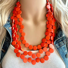 Load image into Gallery viewer, Crisp Harvest Statement Necklace, fall colors Hot Orange Necklace, 3 Strand Statement necklace, vintage wood chunky orange red neon