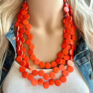 Crisp Harvest Statement Necklace, fall colors Hot Orange Necklace, 3 Strand Statement necklace, vintage wood chunky orange red neon