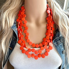 Load image into Gallery viewer, Crisp Harvest Statement Necklace, fall colors Hot Orange Necklace, 3 Strand Statement necklace, vintage wood chunky orange red neon