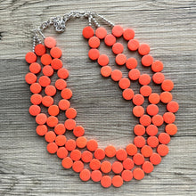 Load image into Gallery viewer, Crisp Harvest Statement Necklace, fall colors Hot Orange Necklace, 3 Strand Statement necklace, vintage wood chunky orange red neon