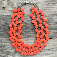 Load image into Gallery viewer, Crisp Harvest Statement Necklace, fall colors Hot Orange Necklace, 3 Strand Statement necklace, vintage wood chunky orange red neon