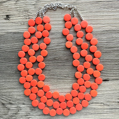 Crisp Harvest Statement Necklace, fall colors Hot Orange Necklace, 3 Strand Statement necklace, vintage wood chunky orange red neon