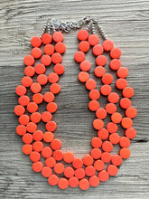 Load image into Gallery viewer, Crisp Harvest Statement Necklace, fall colors Hot Orange Necklace, 3 Strand Statement necklace, vintage wood chunky orange red neon