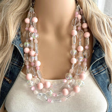 Load image into Gallery viewer, Blush Pink Icy Statement jewelry set, Chunky Beaded Necklace Jewelry, light pink Necklace, pale pink beaded, baby pink resin rainbow