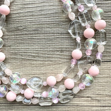 Load image into Gallery viewer, Blush Pink Icy Statement jewelry set, Chunky Beaded Necklace Jewelry, light pink Necklace, pale pink beaded, baby pink resin rainbow