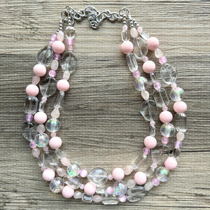 Blush Pink Icy Statement jewelry set, Chunky Beaded Necklace Jewelry, light pink Necklace, pale pink beaded, baby pink resin rainbow